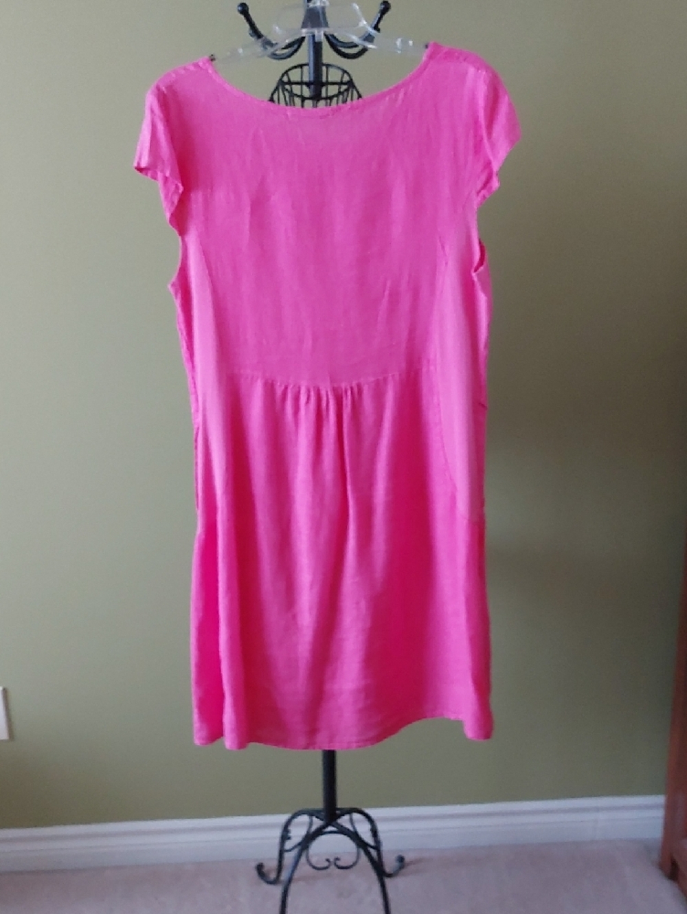 Size M, Martina Innocenti Pink Floral Embossed Short Sleeve 100% Linen DRESS - Picture 11 of 13